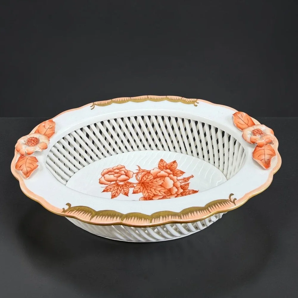 Herend Hungary Hand Painted Rust Floral Reticulated Porcelain Weave Basket Dish